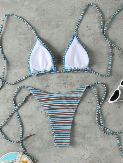 Retro Blue Striped Print Halter Tie Bikini Set, Sexy Push-Up High Waist Fitted 2-Piece Swimsuit For Women, Summer Holiday
