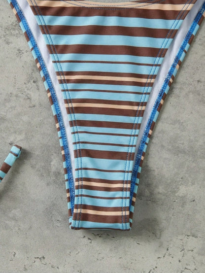 Retro Blue Striped Print Halter Tie Bikini Set, Sexy Push-Up High Waist Fitted 2-Piece Swimsuit For Women, Summer Holiday