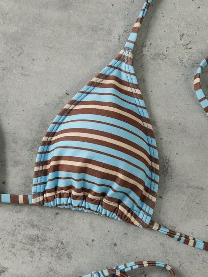 Retro Blue Striped Print Halter Tie Bikini Set, Sexy Push-Up High Waist Fitted 2-Piece Swimsuit For Women, Summer Holiday