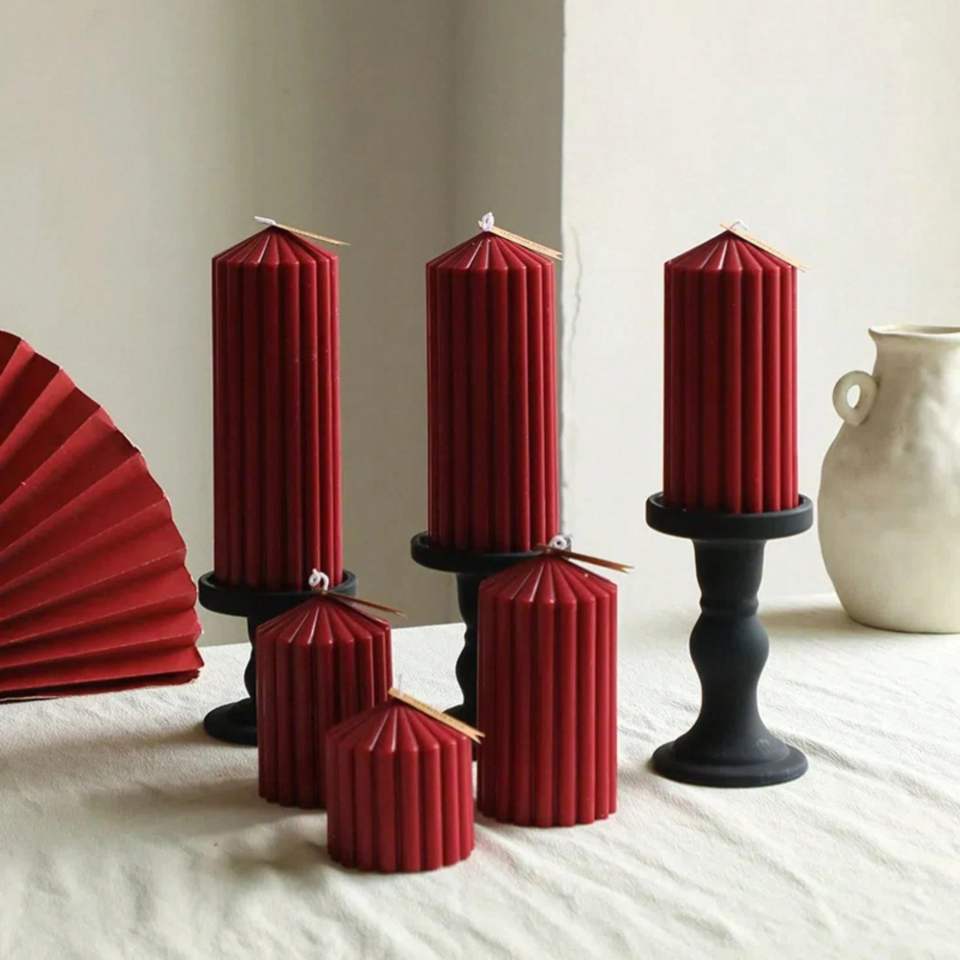 Retro Dark Red Striped Tall Short Pillar Aroma Candle Decorative Soy Wax Candle For Dinner Table Wedding Centerpiece Valentine Gift