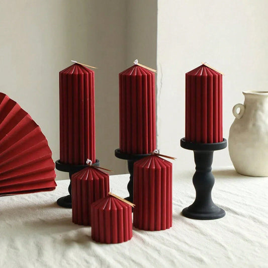 Retro Dark Red Striped Tall Short Pillar Aroma Candle Decorative Soy Wax Candle For Dinner Table Wedding Centerpiece Valentine Gift