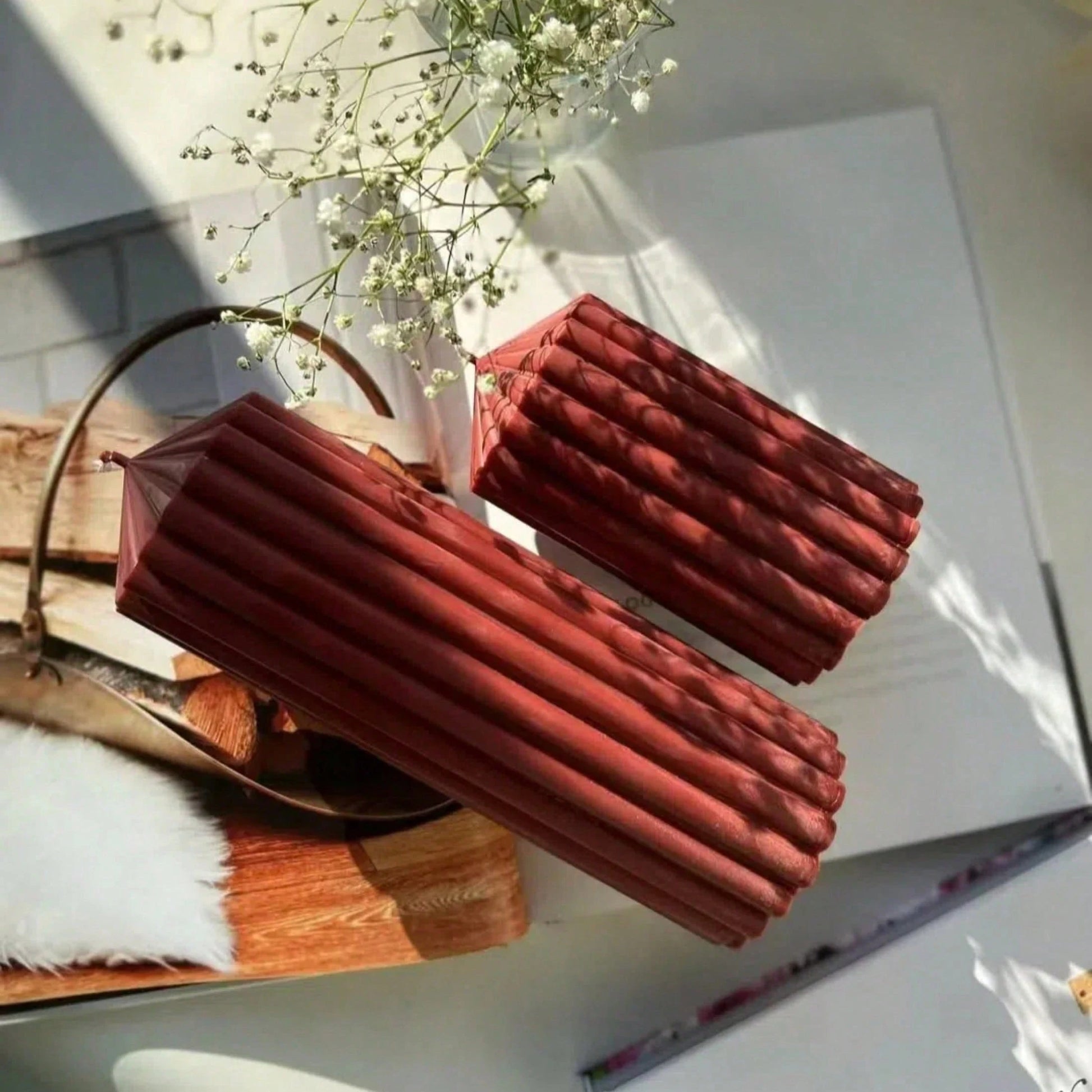 Retro Dark Red Striped Tall Short Pillar Aroma Candle Decorative Soy Wax Candle For Dinner Table Wedding Centerpiece Valentine Gift