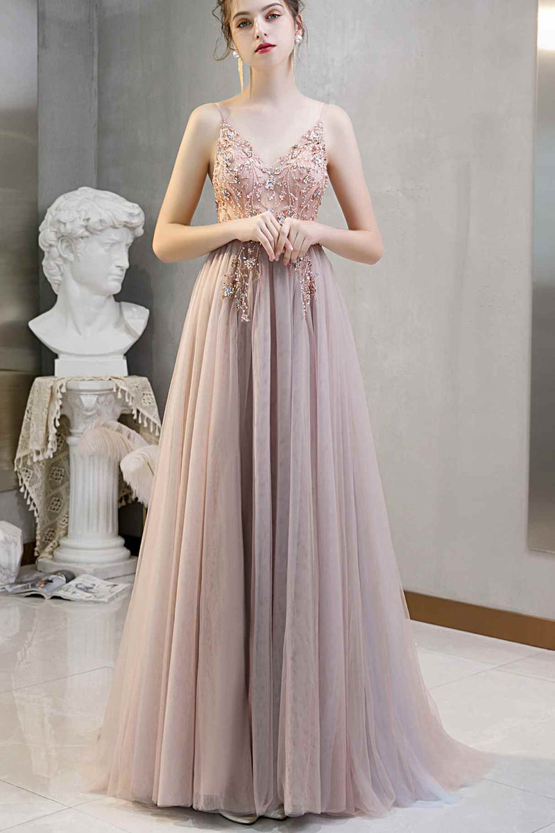 Rhinestons Blue A-line Tulle Formal Dress