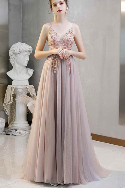 Rhinestons Blue A-line Tulle Formal Dress
