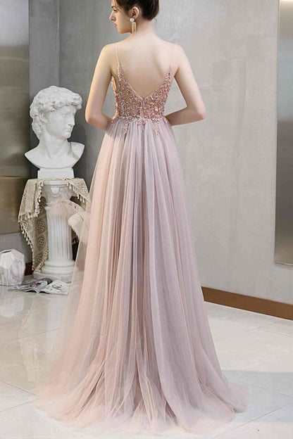 Rhinestons Blue A-line Tulle Formal Dress