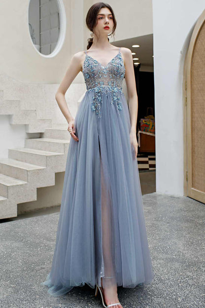 Rhinestons Blue A-line Tulle Formal Dress