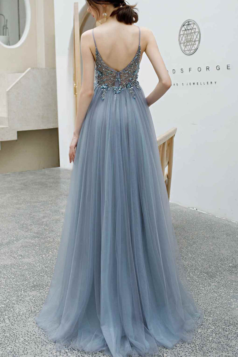 Rhinestons Blue A-line Tulle Formal Dress