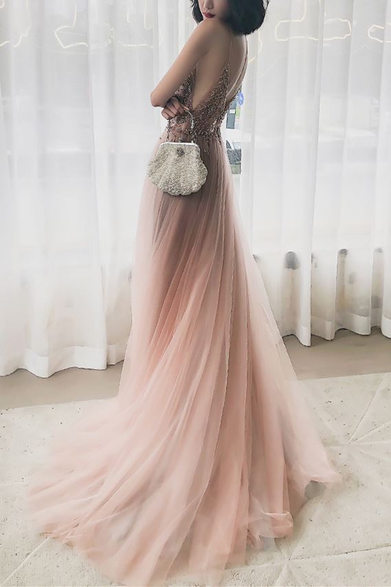 Rhinestons Rose Gold A-line Long Prom Dress