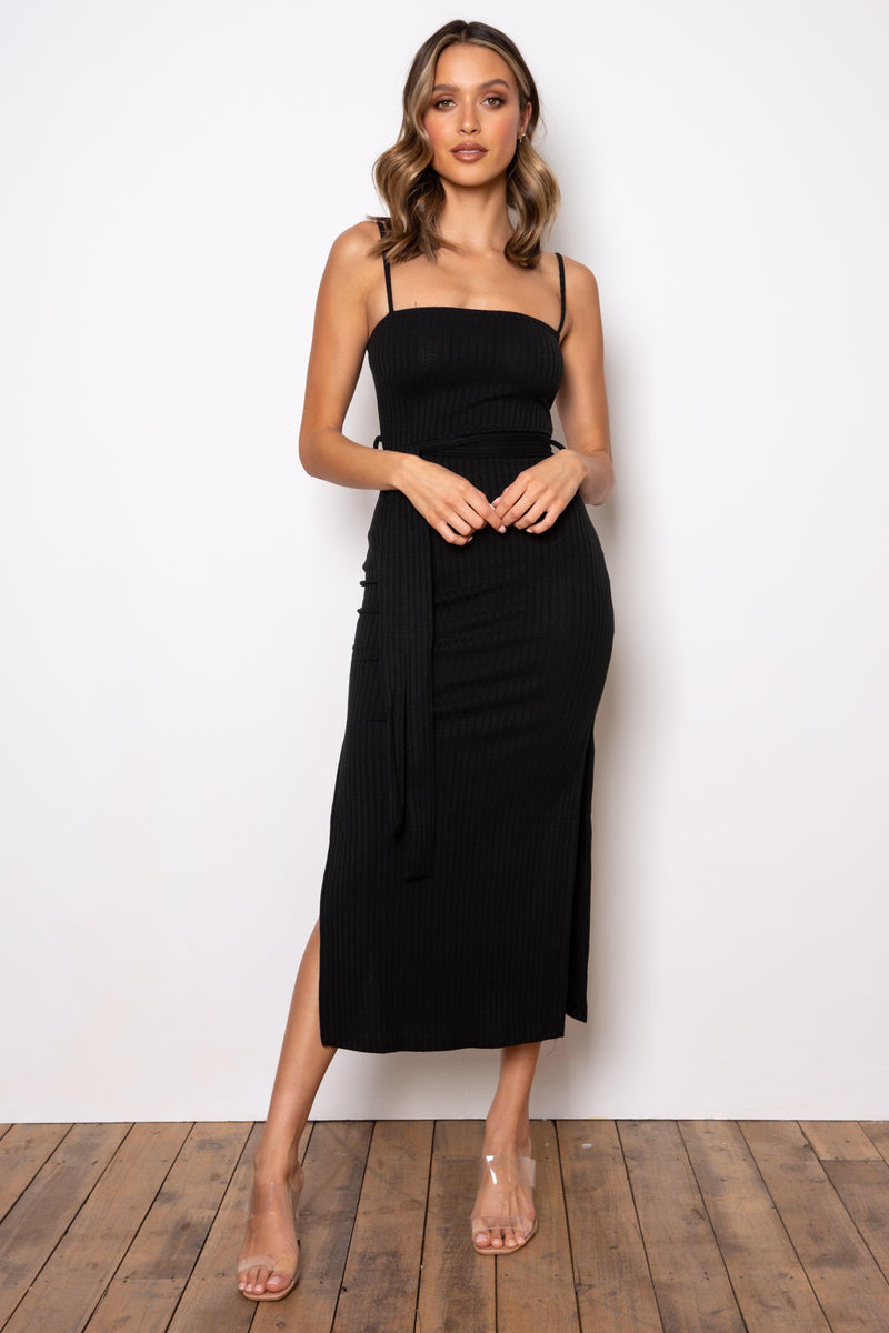 Rib Midi Dress - Black - JAUS