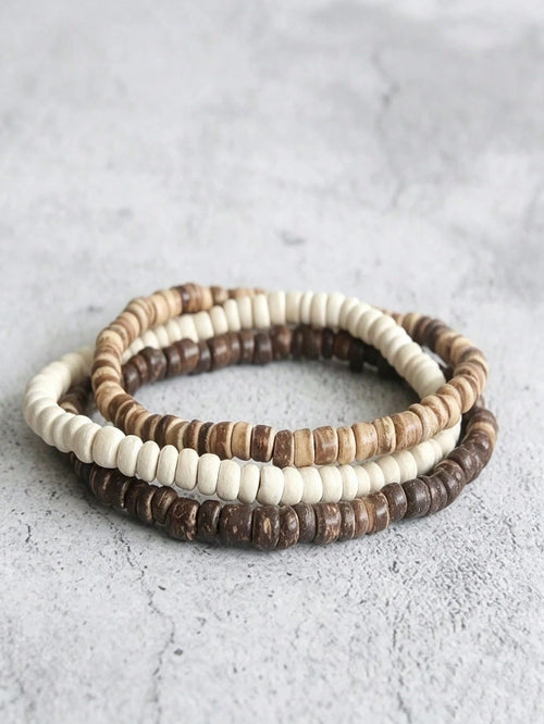 RINTOLER 1set/3pcs Boho Style Coconut Shell & Turquoise Beads Hollow Elastic Bracelet Set, Suitable For Daily Wear Or Vacation Matching