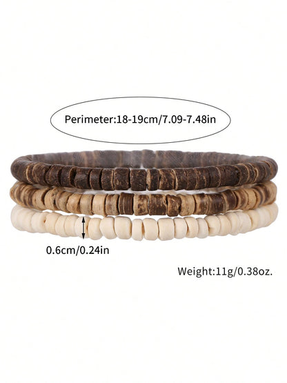 RINTOLER 1set/3pcs Boho Style Coconut Shell & Turquoise Beads Hollow Elastic Bracelet Set, Suitable For Daily Wear Or Vacation Matching