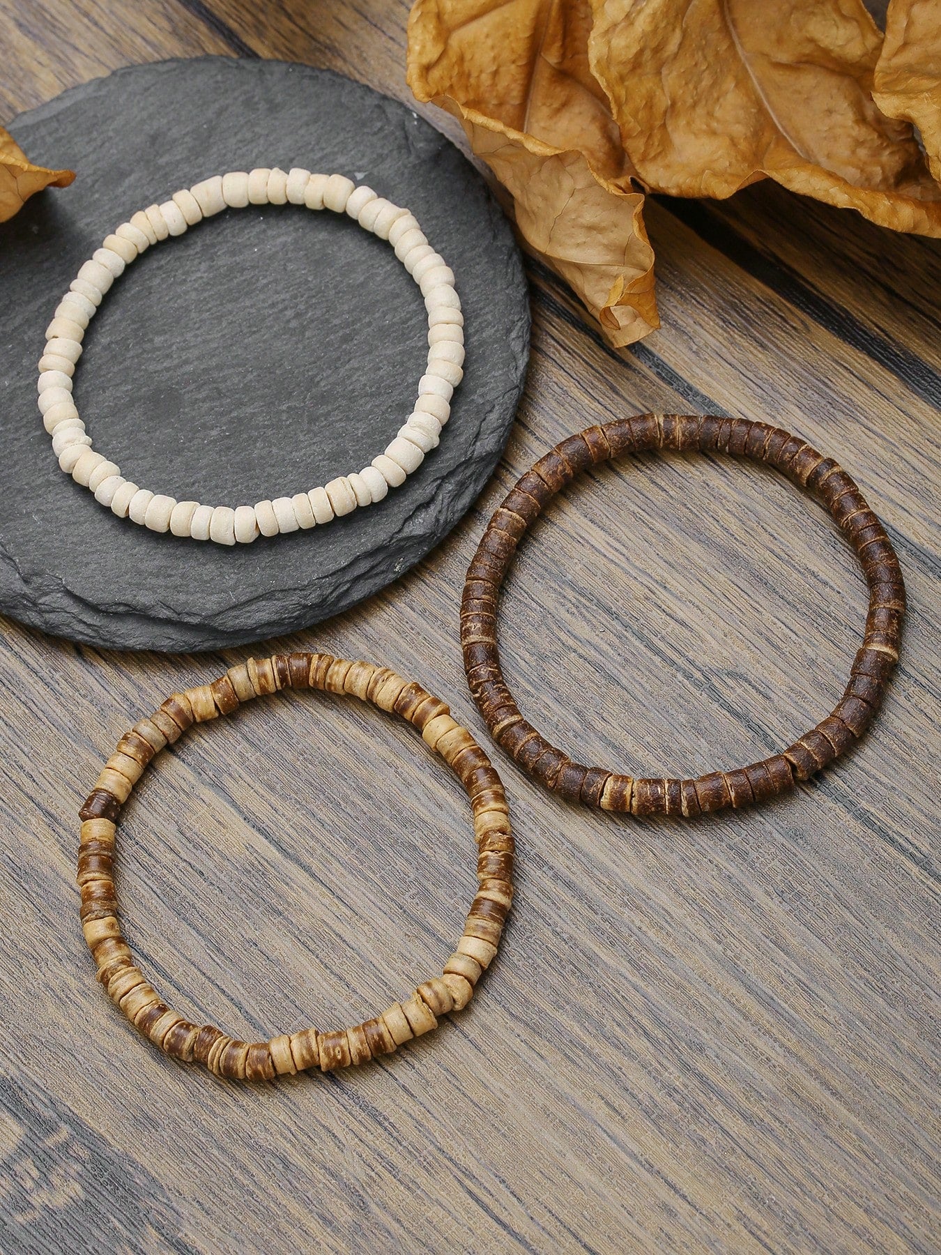 RINTOLER 1set/3pcs Boho Style Coconut Shell & Turquoise Beads Hollow Elastic Bracelet Set, Suitable For Daily Wear Or Vacation Matching