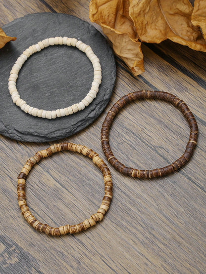 RINTOLER 1set/3pcs Boho Style Coconut Shell & Turquoise Beads Hollow Elastic Bracelet Set, Suitable For Daily Wear Or Vacation Matching