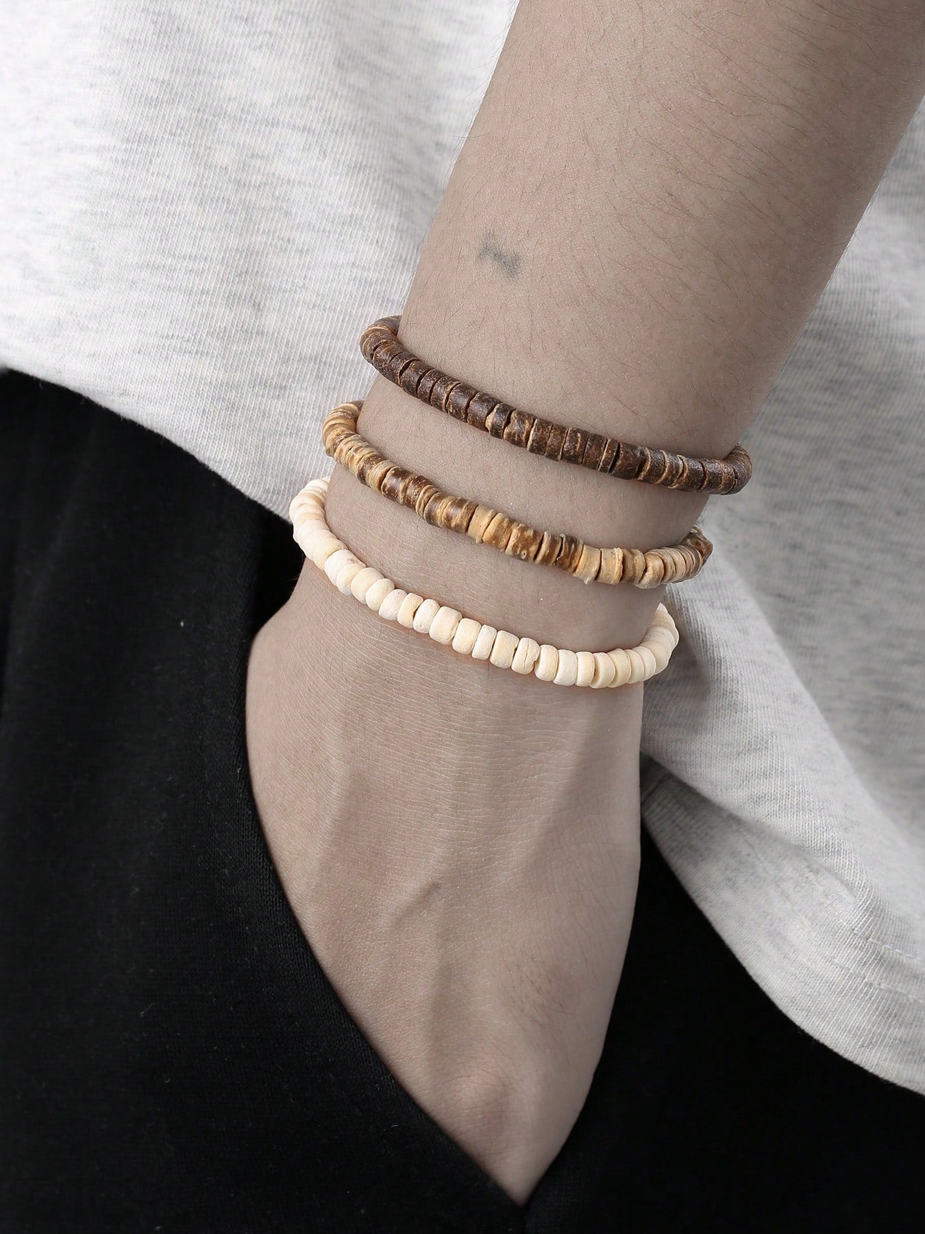 RINTOLER 1set/3pcs Boho Style Coconut Shell & Turquoise Beads Hollow Elastic Bracelet Set, Suitable For Daily Wear Or Vacation Matching