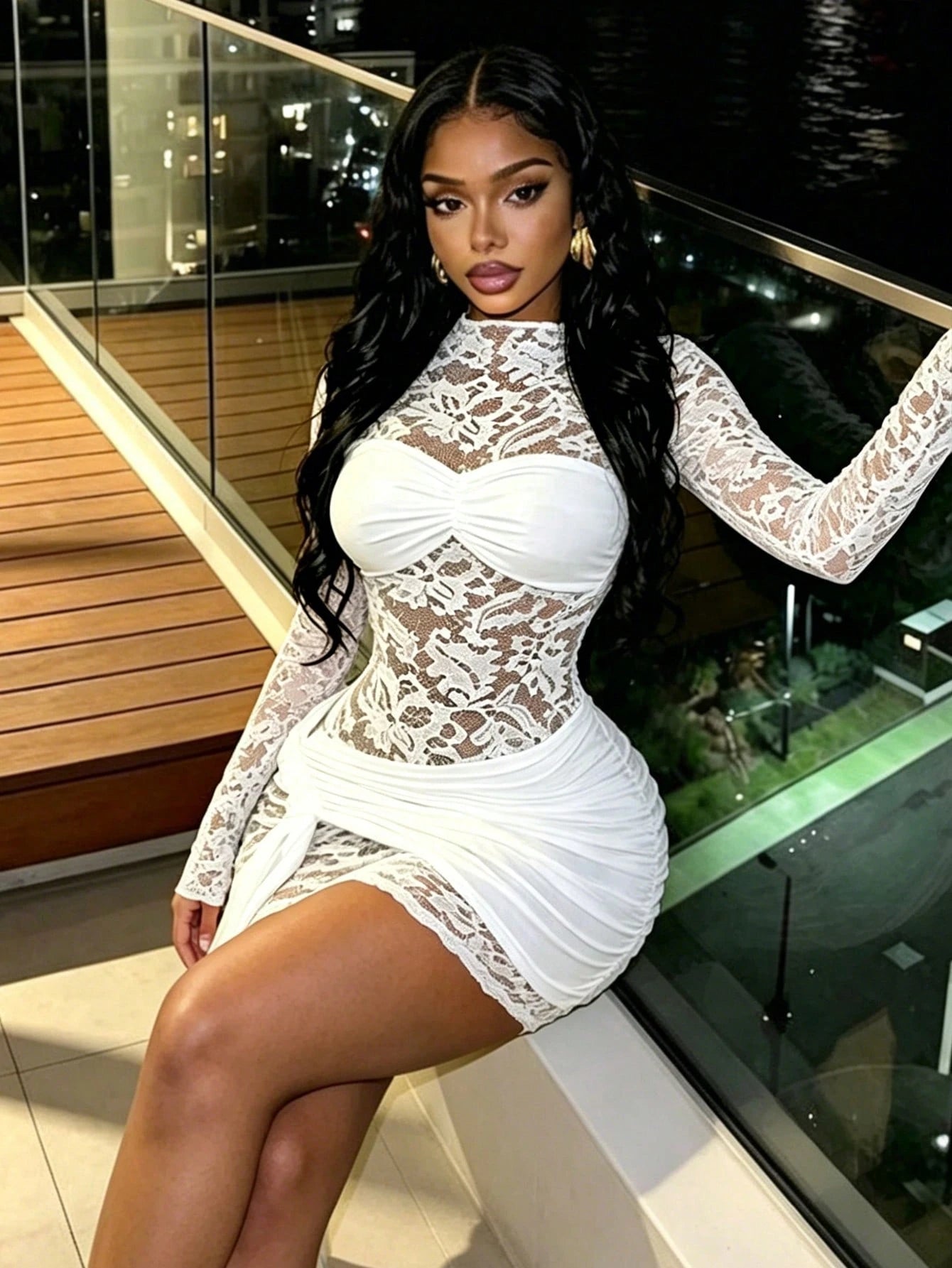 RNU Women's Elegant White Lace Fitted Short Dress, All-Season Versatile High Neck Long Sleeve Party Dress; Sheer Mesh Lace Fabric With Ruched Chest Design And Adjustable Drawstring Wrap Hem. Slimming