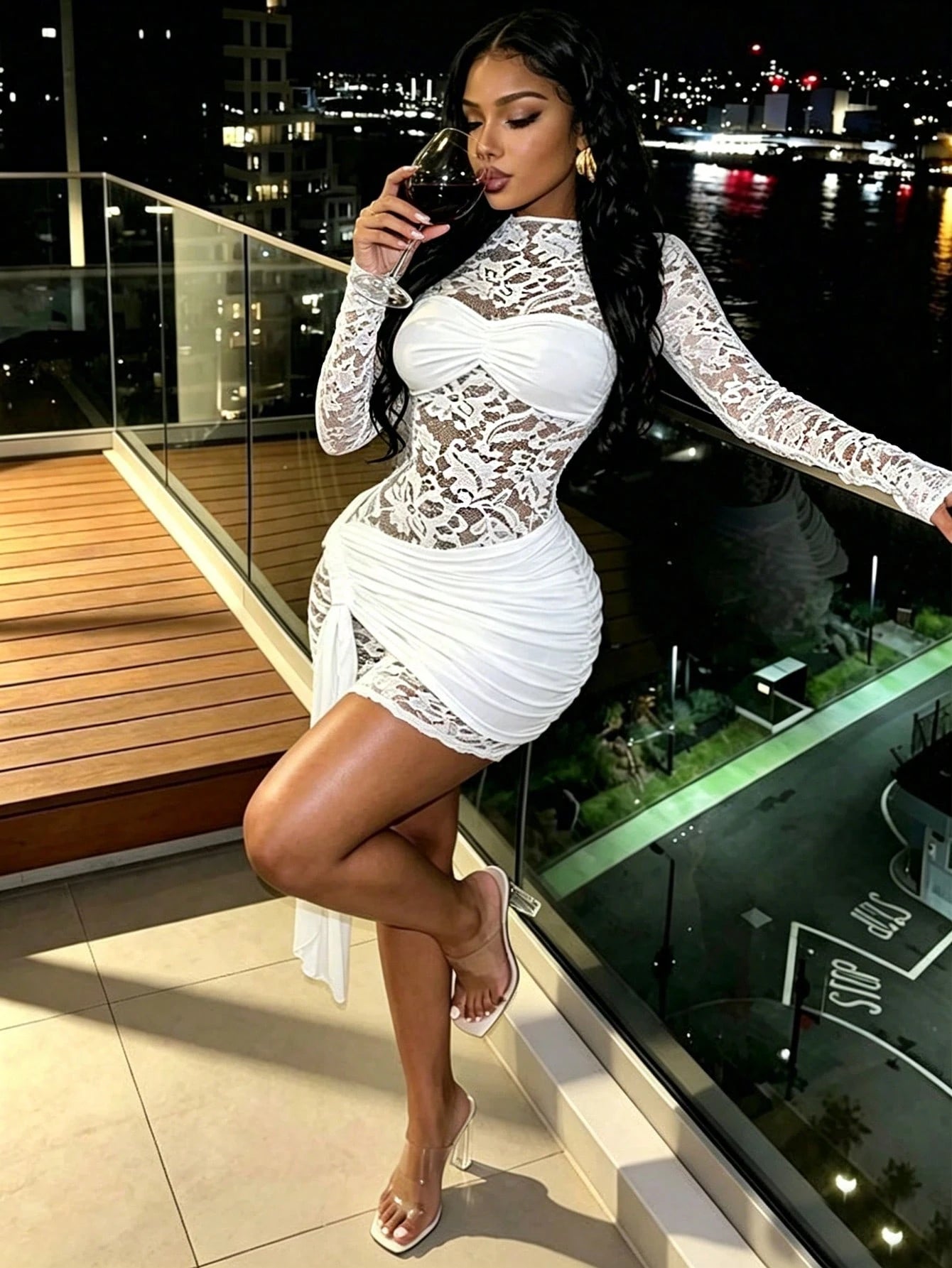 RNU Women's Elegant White Lace Fitted Short Dress, All-Season Versatile High Neck Long Sleeve Party Dress; Sheer Mesh Lace Fabric With Ruched Chest Design And Adjustable Drawstring Wrap Hem. Slimming