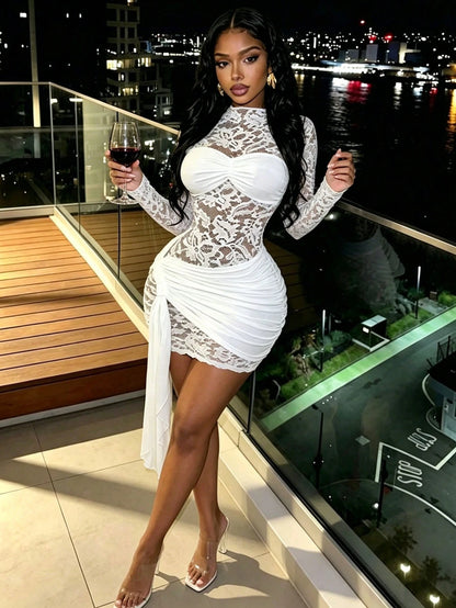 RNU Women's Elegant White Lace Fitted Short Dress, All-Season Versatile High Neck Long Sleeve Party Dress; Sheer Mesh Lace Fabric With Ruched Chest Design And Adjustable Drawstring Wrap Hem. Slimming