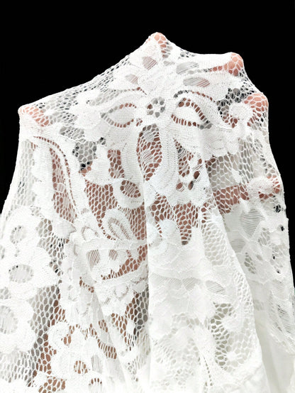 RNU Women's Elegant White Lace Fitted Short Dress, All-Season Versatile High Neck Long Sleeve Party Dress; Sheer Mesh Lace Fabric With Ruched Chest Design And Adjustable Drawstring Wrap Hem. Slimming