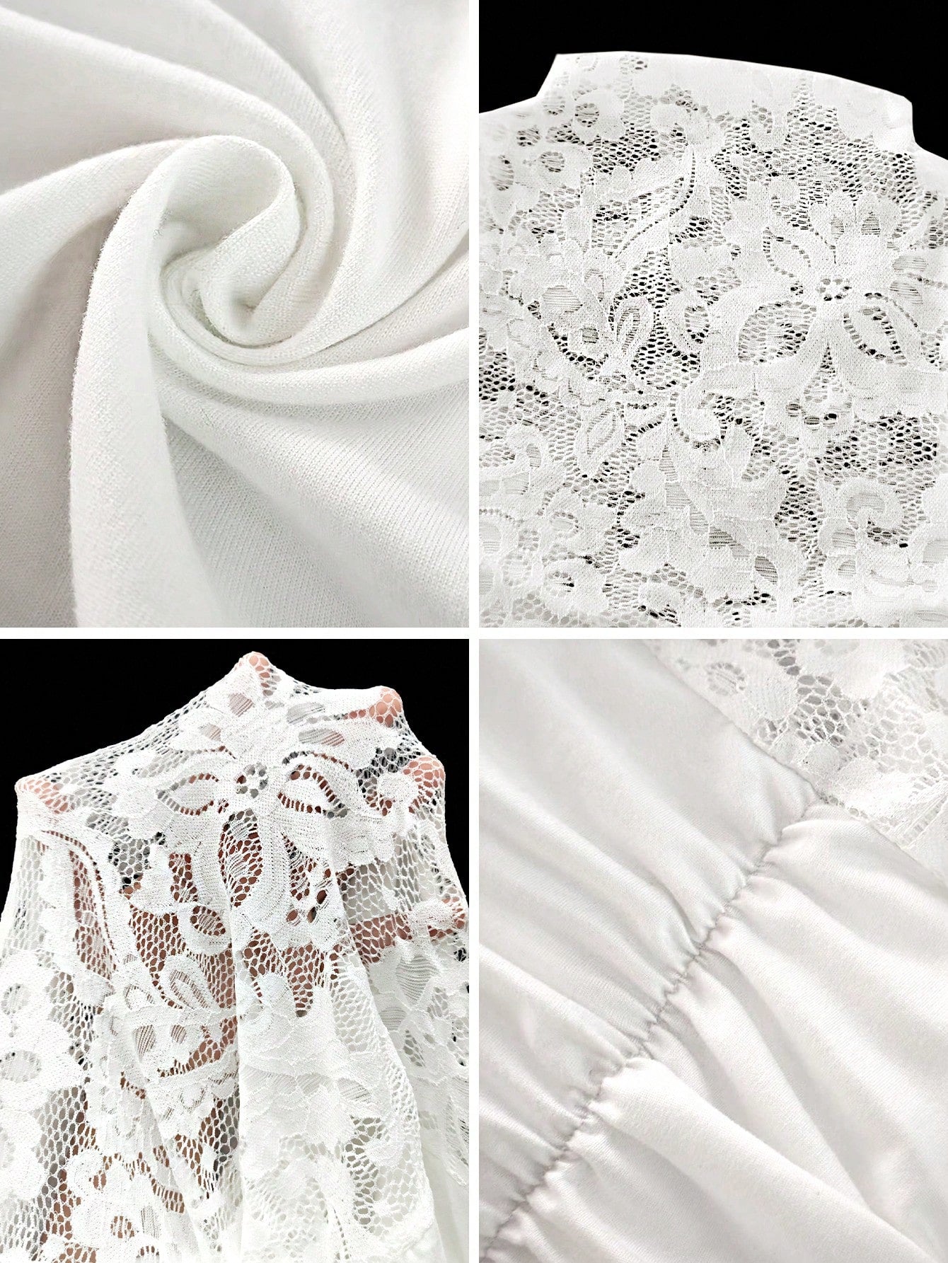RNU Women's Elegant White Lace Fitted Short Dress, All-Season Versatile High Neck Long Sleeve Party Dress; Sheer Mesh Lace Fabric With Ruched Chest Design And Adjustable Drawstring Wrap Hem. Slimming