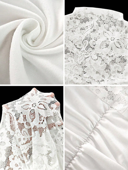 RNU Women's Elegant White Lace Fitted Short Dress, All-Season Versatile High Neck Long Sleeve Party Dress; Sheer Mesh Lace Fabric With Ruched Chest Design And Adjustable Drawstring Wrap Hem. Slimming