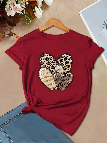 Romantic Cute Heart Print Casual Women's T-Shirt For New Year Clothes Graphic Cheetah Print Tees Women Tops Round Neck Loose Breathable Short Sleeve