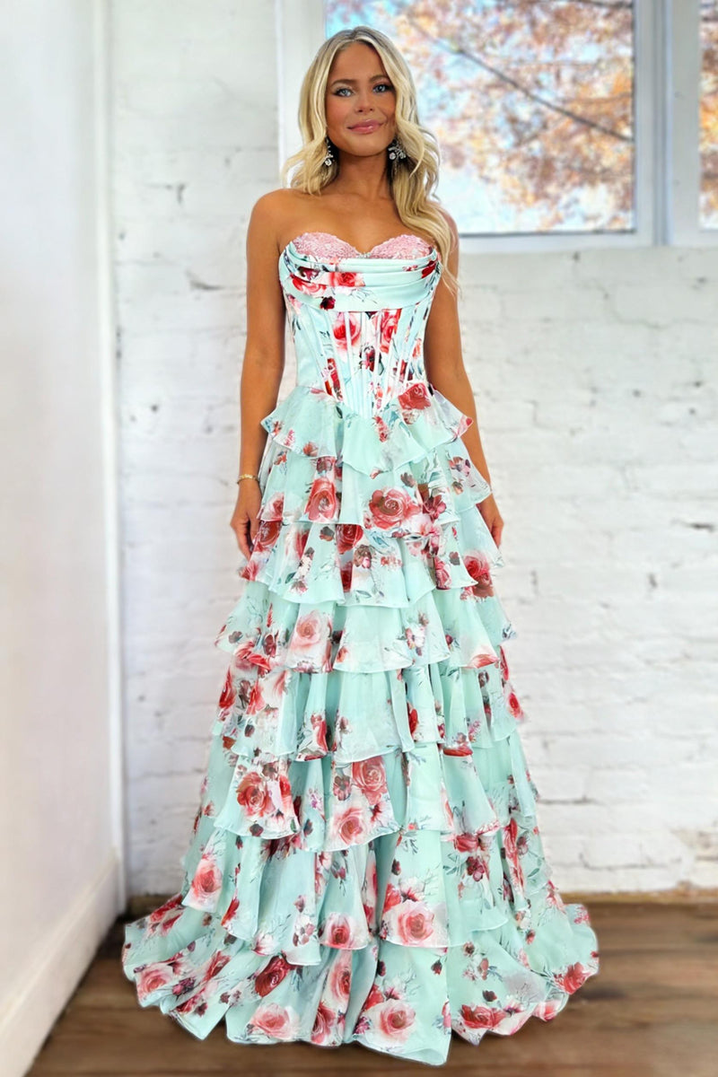 Romantic Floral Print Sweetheart Corset Prom Dress with Layered Skirt