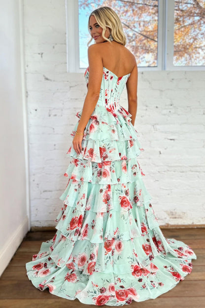 Romantic Floral Print Sweetheart Corset Prom Dress with Layered Skirt