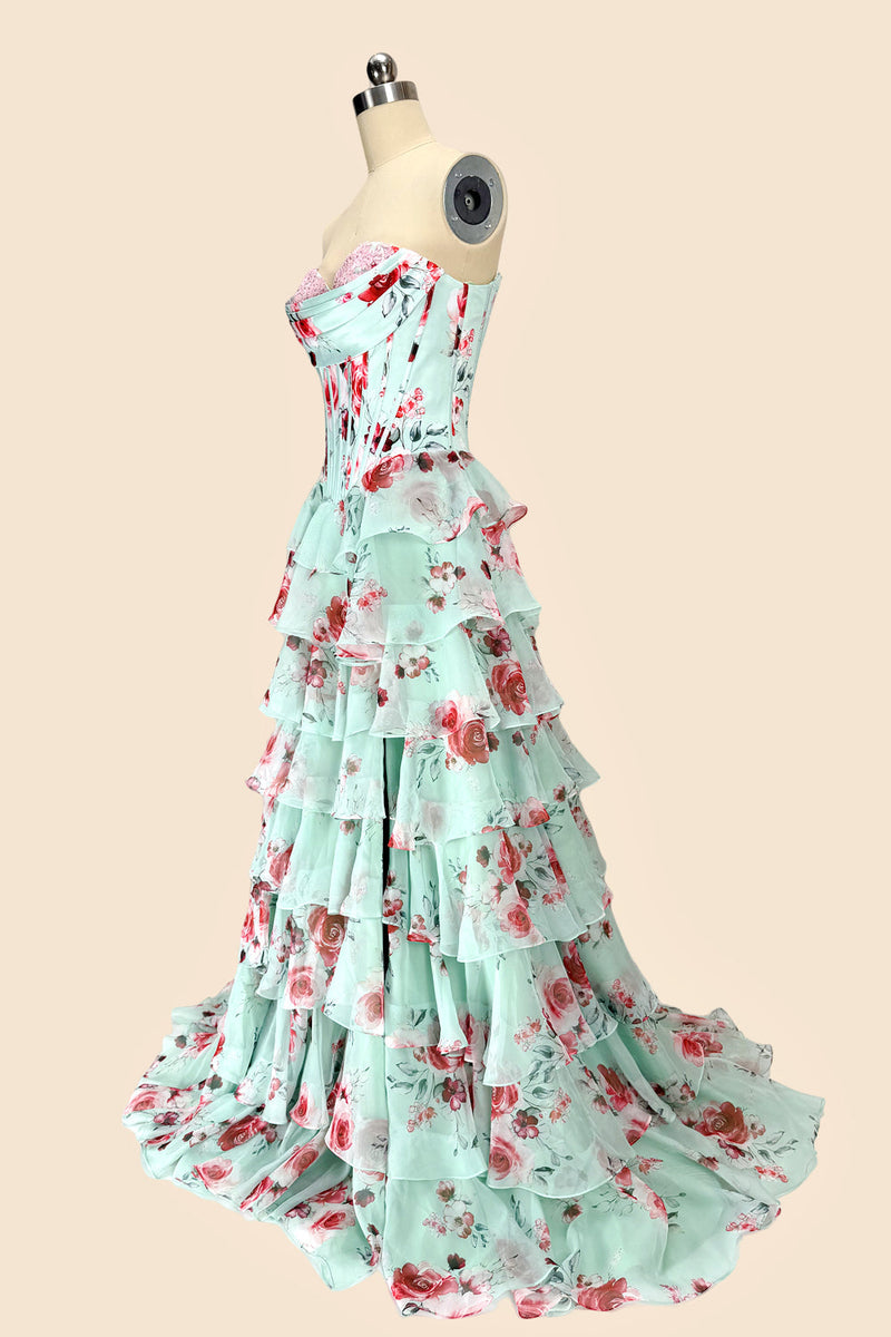 Romantic Floral Print Sweetheart Corset Prom Dress with Layered Skirt