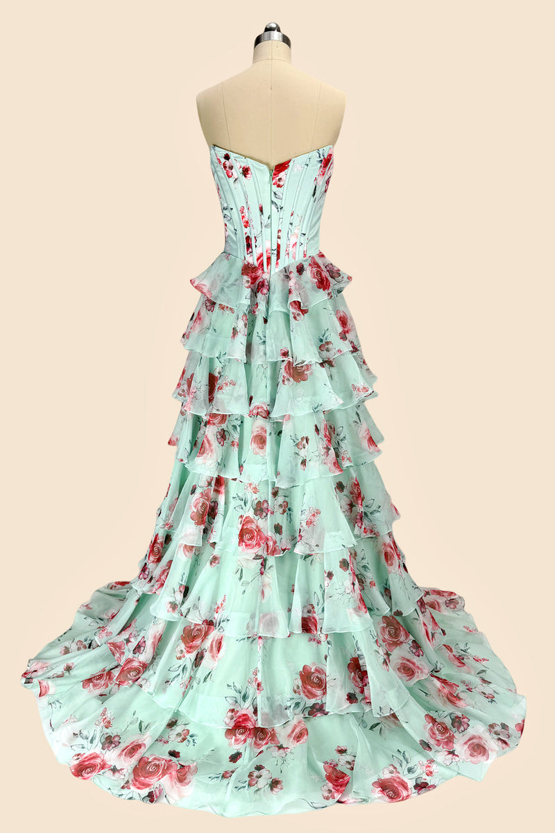 Romantic Floral Print Sweetheart Corset Prom Dress with Layered Skirt