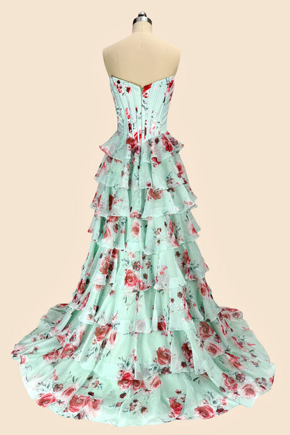 Romantic Floral Print Sweetheart Corset Prom Dress with Layered Skirt
