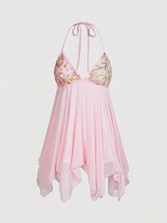 ROMWE Avant Vintage Beaded Embroidery Mesh Pink Asymmetrical Mini Dress For Women