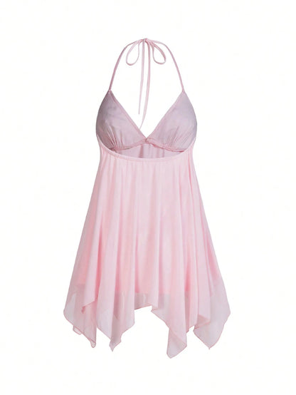 ROMWE Avant Vintage Beaded Embroidery Mesh Pink Asymmetrical Mini Dress For Women