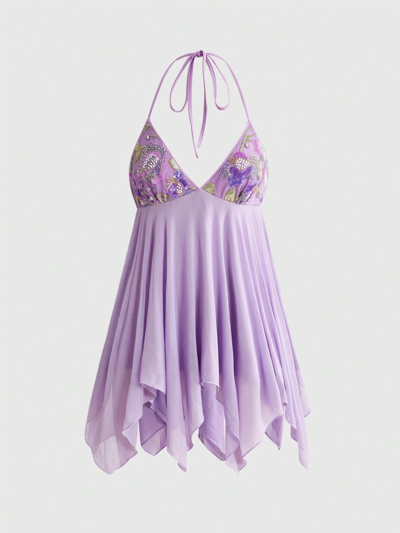 ROMWE Avant Vintage Beaded Embroidery Mesh Pink Asymmetrical Mini Dress For Women