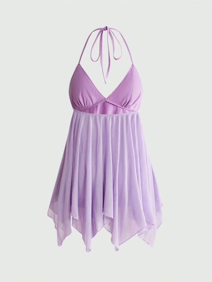 ROMWE Avant Vintage Beaded Embroidery Mesh Pink Asymmetrical Mini Dress For Women