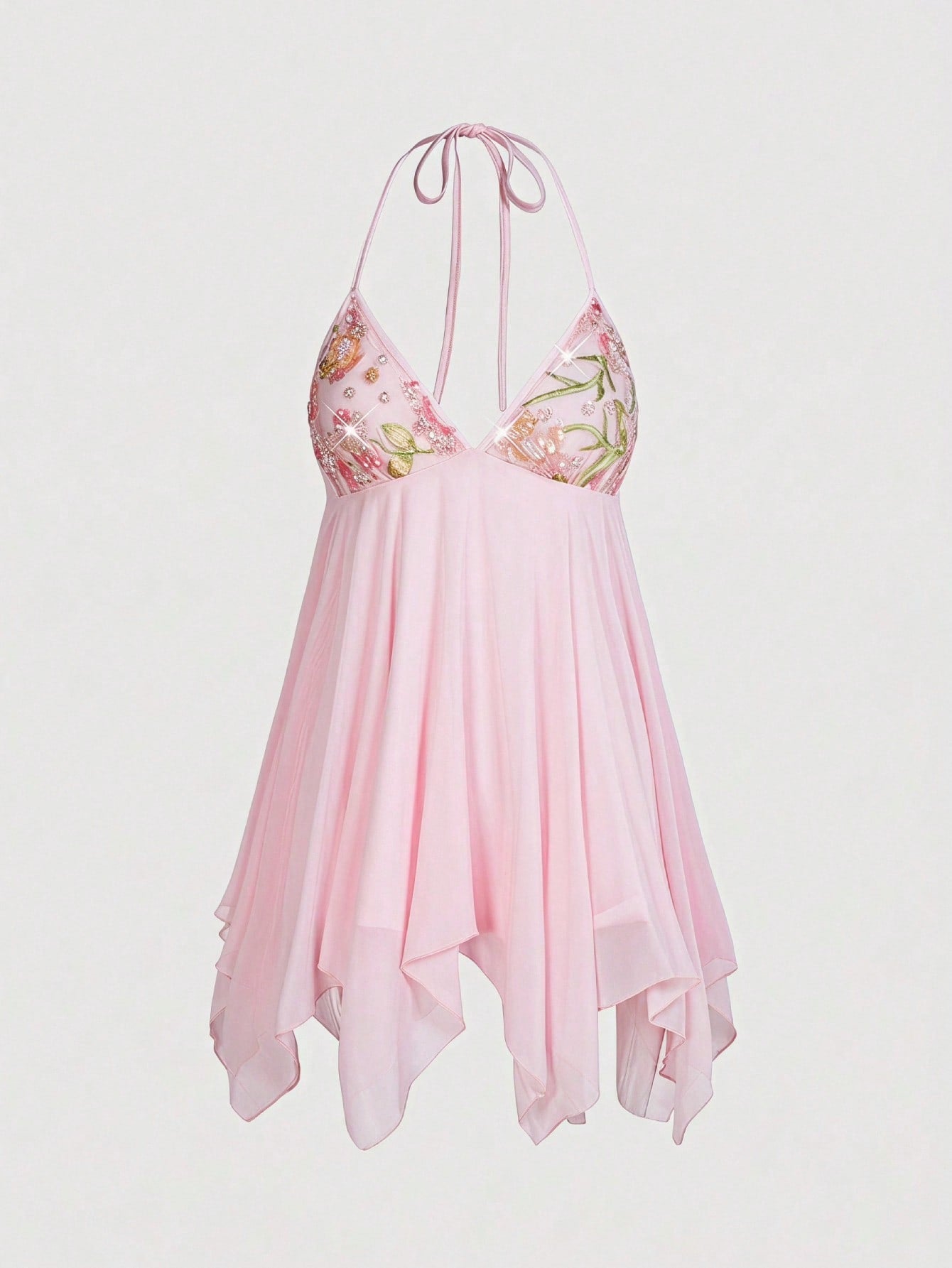 ROMWE Avant Vintage Beaded Embroidery Mesh Pink Asymmetrical Mini Dress For Women