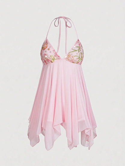 ROMWE Avant Vintage Beaded Embroidery Mesh Pink Asymmetrical Mini Dress For Women