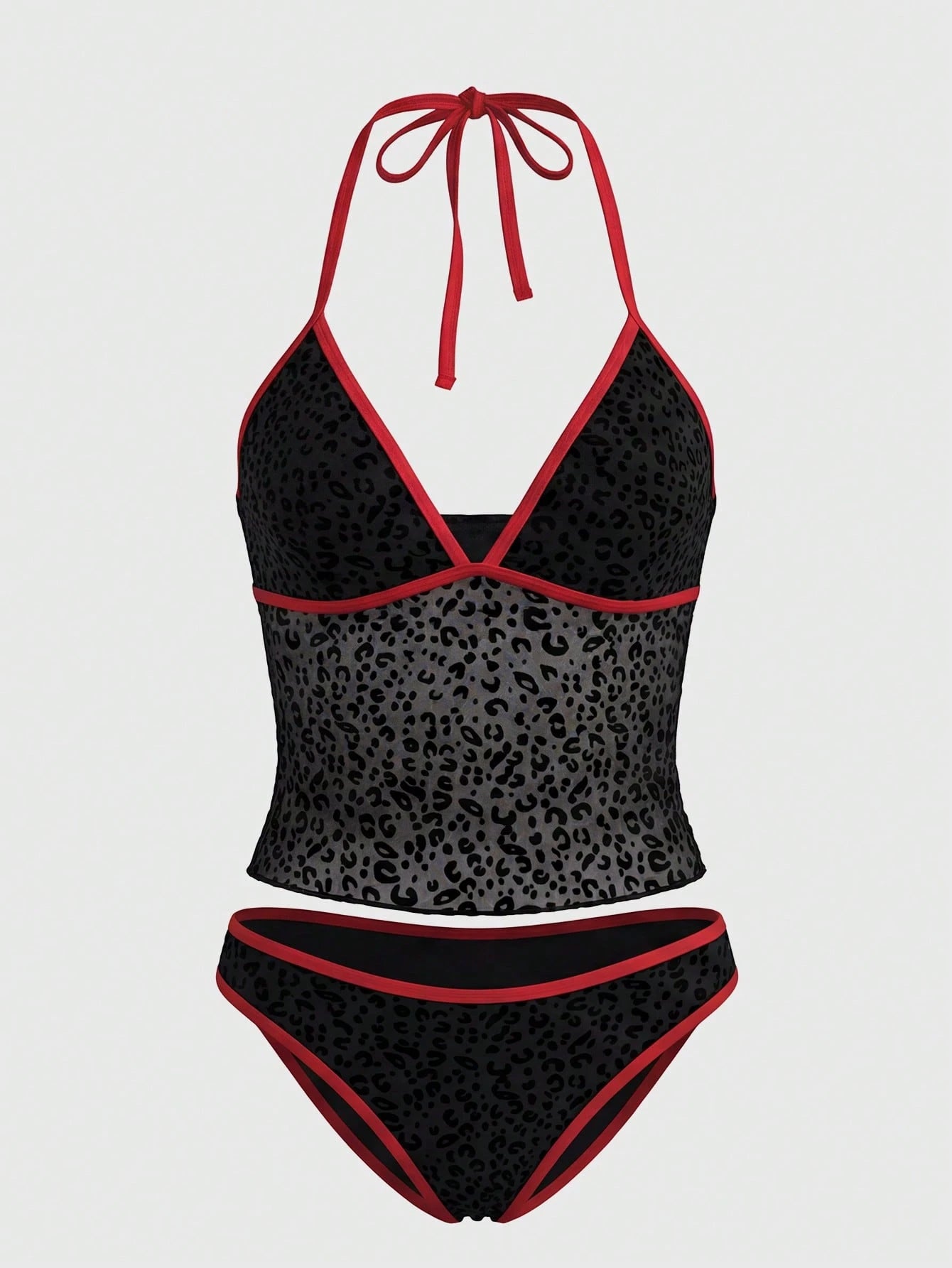 ROMWE Black Summer Women's Goth Swimwear,Dark Gothic Leopard Flocked Jacquard Camisole Strap Bikini Set For Beach Party,Cruise,Holiday,Boho Y2K Style