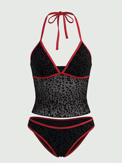 ROMWE Black Summer Women's Goth Swimwear,Dark Gothic Leopard Flocked Jacquard Camisole Strap Bikini Set For Beach Party,Cruise,Holiday,Boho Y2K Style