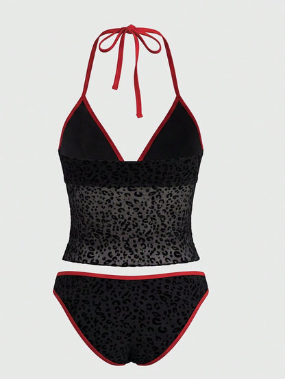 ROMWE Black Summer Women's Goth Swimwear,Dark Gothic Leopard Flocked Jacquard Camisole Strap Bikini Set For Beach Party,Cruise,Holiday,Boho Y2K Style