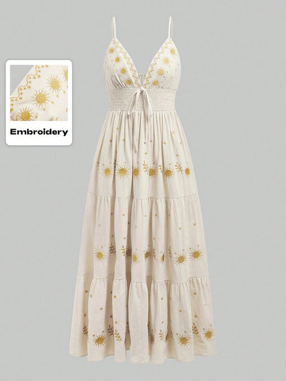 ROMWE Fairycore Women's Renaissance Casual Holiday Star Embroidery Spaghetti Strap A-Line Dress