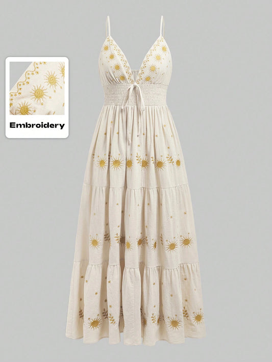 ROMWE Fairycore Women's Renaissance Casual Holiday Star Embroidery Spaghetti Strap A-Line Dress