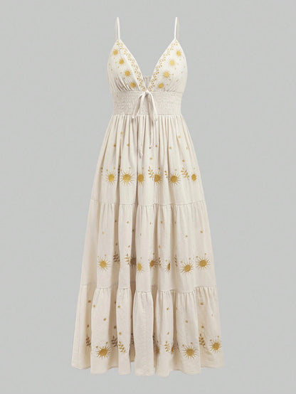 ROMWE Fairycore Women's Renaissance Casual Holiday Star Embroidery Spaghetti Strap A-Line Dress