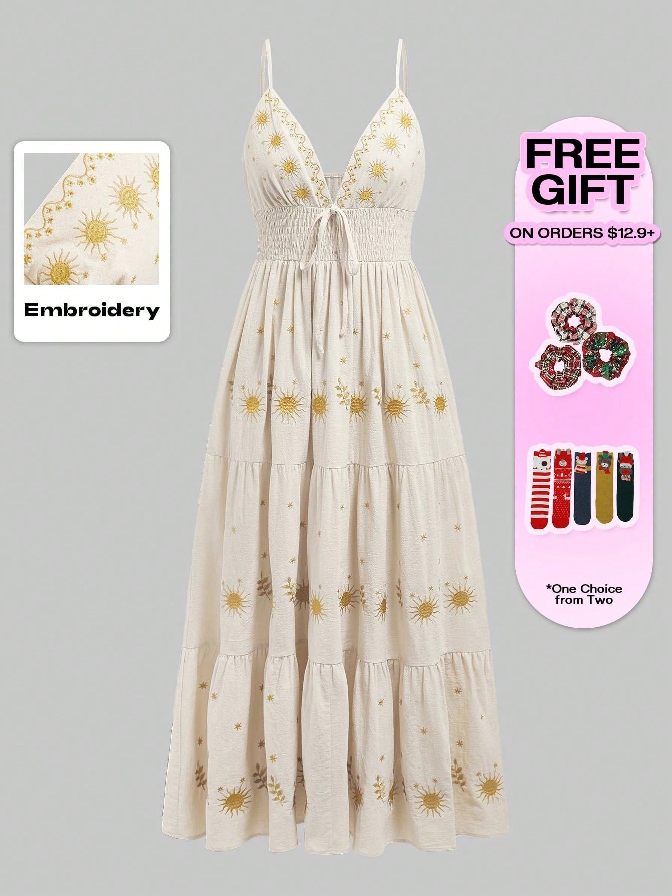 ROMWE Fairycore Women's Renaissance Casual Holiday Star Embroidery Spaghetti Strap A-Line Dress