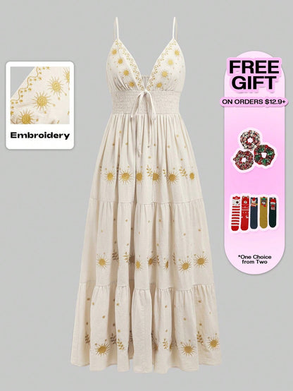 ROMWE Fairycore Women's Renaissance Casual Holiday Star Embroidery Spaghetti Strap A-Line Dress