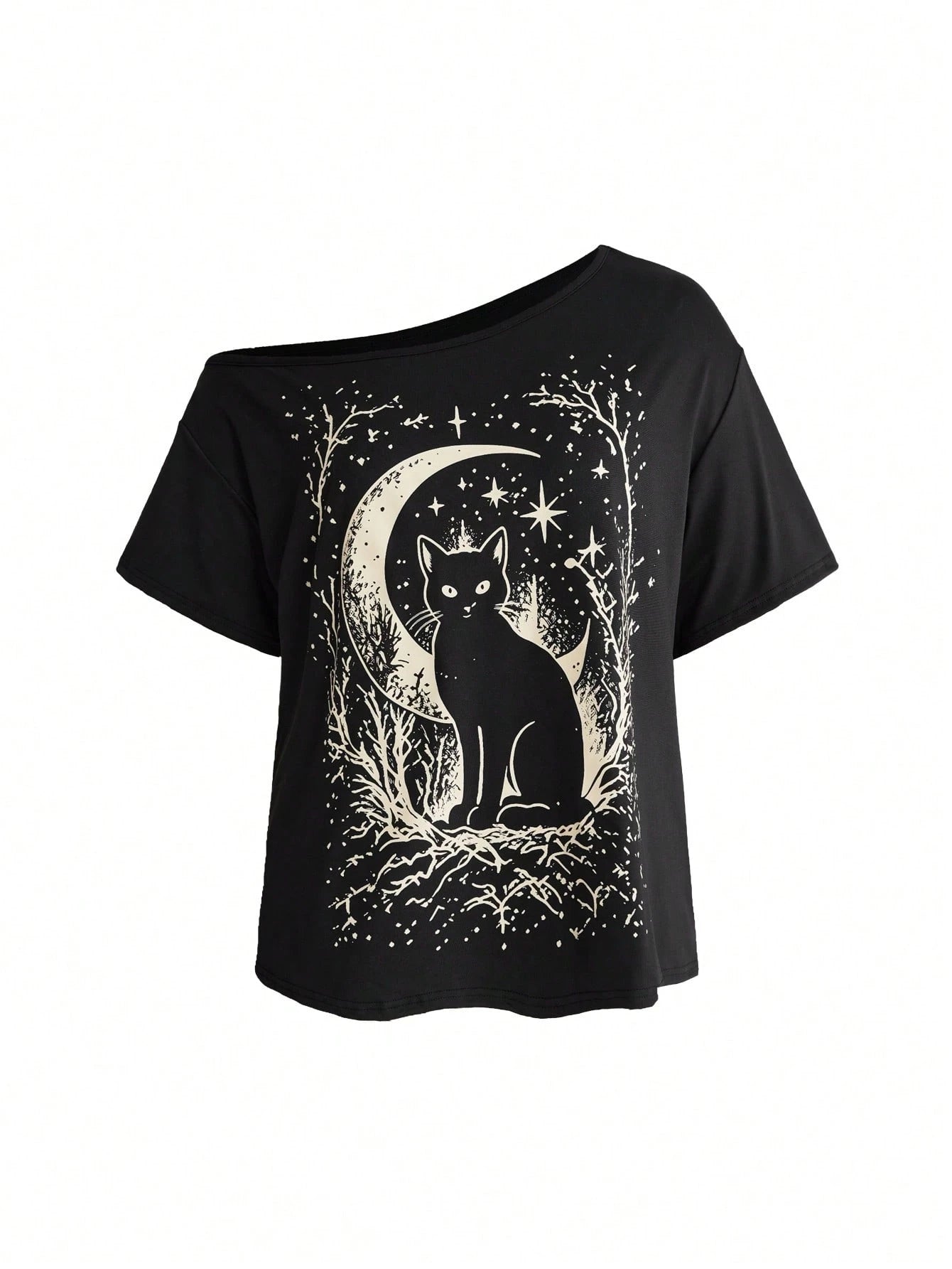 ROMWE Goth Plus Size Women's Asymmetrical Shoulder Cat Print Casual Daily Wear T-Shirt