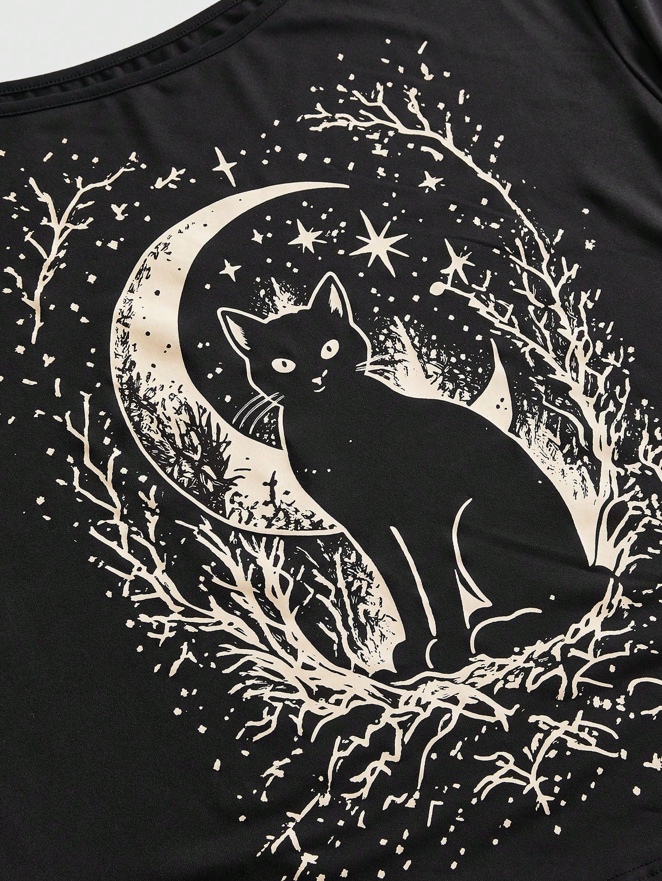 ROMWE Goth Plus Size Women's Asymmetrical Shoulder Cat Print Casual Daily Wear T-Shirt