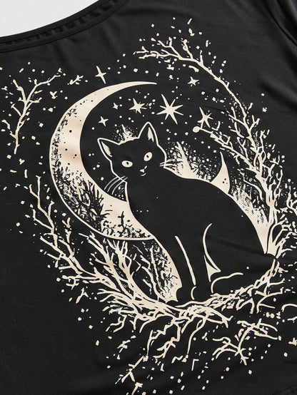 ROMWE Goth Plus Size Women's Asymmetrical Shoulder Cat Print Casual Daily Wear T-Shirt