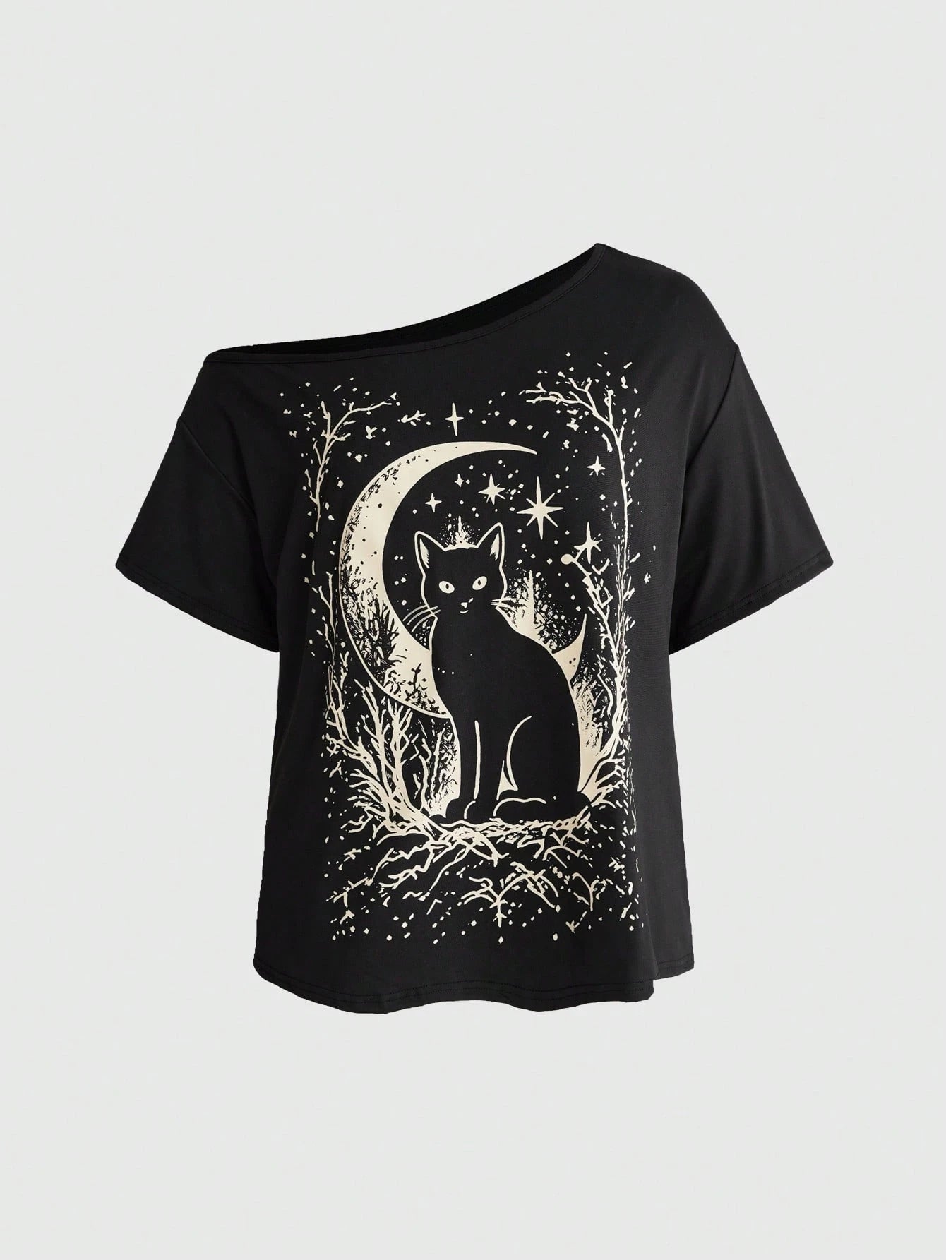 ROMWE Goth Plus Size Women's Asymmetrical Shoulder Cat Print Casual Daily Wear T-Shirt