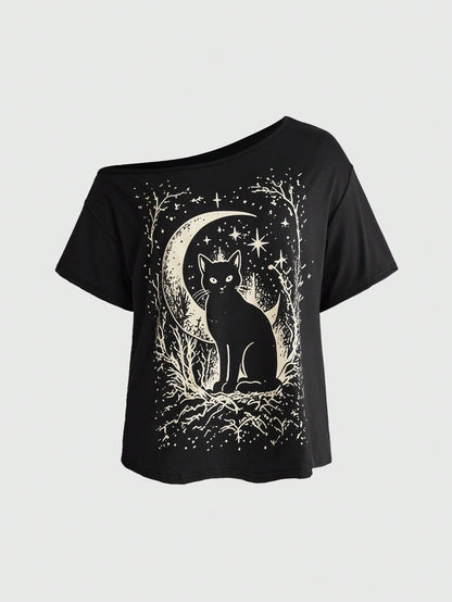 ROMWE Goth Plus Size Women's Asymmetrical Shoulder Cat Print Casual Daily Wear T-Shirt