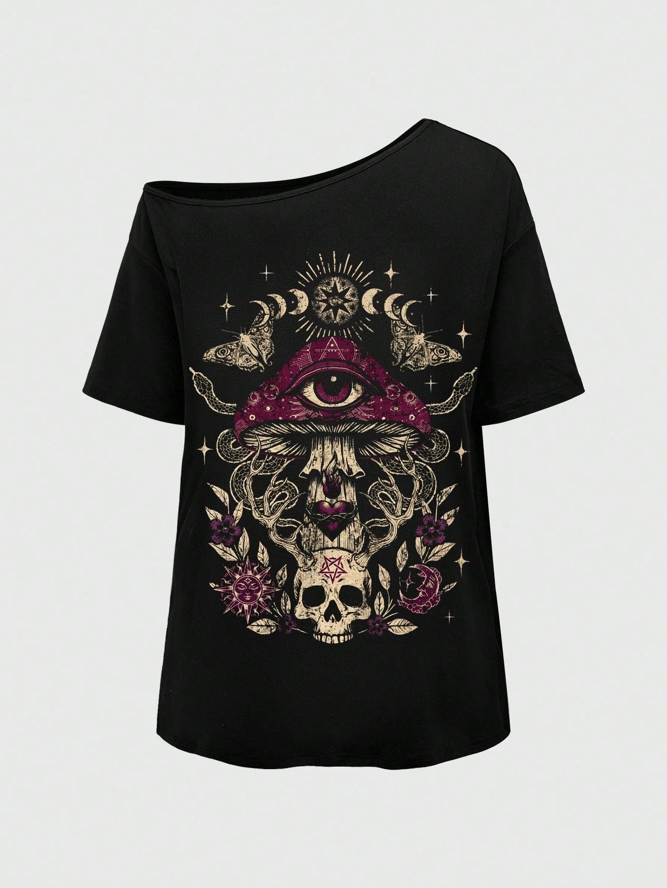 ROMWE Goth Plus Size Women's Asymmetrical Shoulder Cat Print Casual Daily Wear T-Shirt